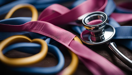 A close-up image of a stethoscope with colorful ribbons, symbolizing care, health, and life.の写真素材