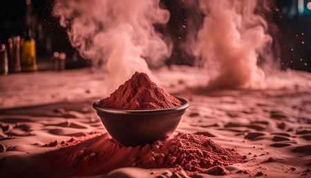 A close-up image of a bowl filled with red powder, with smoke rising from it. The powder is a fine, granular substance that appears dry and natural. It is likely a spice or food coloring, and the smoke may be from a heat source or a special effect. The dark background and dramatic lighting create a sense of mystery and intrigue. This image could be used to illustrate a variety of concepts, such as flavor, aroma, heat, and color.の写真素材