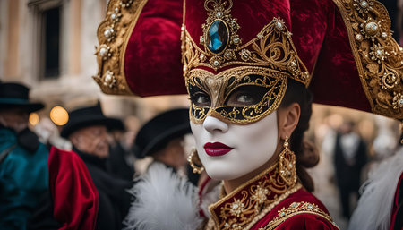 A woman wears a traditional Venetian carnival mask, adorned with gold and feathers, the intricate details accentuate the mysterious and elegant feel of the costume.の写真素材