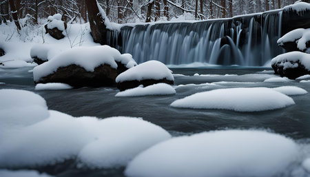 A serene waterfall frozen in winter, with snow covering the rocks and the river. The water is crystal clear and still, creating a peaceful atmosphere.の写真素材