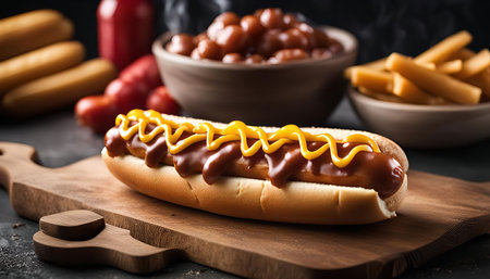 A close-up of a hot dog topped with mustard and chili on a wooden cutting board. The hot dog is a classic American dish that is enjoyed by people of all ages.の写真素材