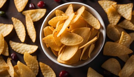 A bowl of crispy potato chips on a dark background, perfect for a snack or appetizer.