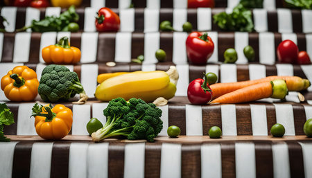 A close-up of a still life featuring various colorful vegetables, including broccoli, carrots, bell peppers, and tomatoes, arranged on striped wooden steps.の写真素材