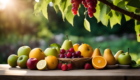 A colorful assortment of fresh fruits, including apples, pears, oranges, grapes, lemons and strawberries, arranged in a rustic basket on a wooden table in a lush garden settingの写真素材