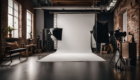 A professional photography studio with a white backdrop and various lighting equipment, showcasing a clean and minimalist aesthetic with a professional feel.の写真素材
