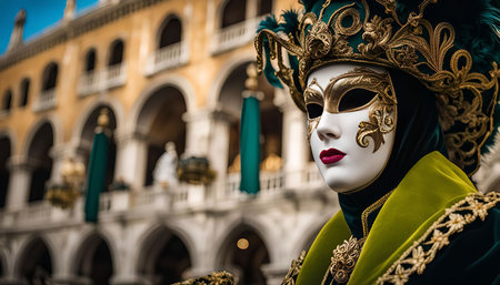 A closeup of a Venetian carnival mask with intricate details and vibrant colors, creating an air of mystery and elegance.の写真素材