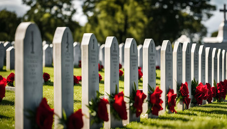 A poignant view of rows of white headstones in a military cemetery, each adorned with red roses, serving as a respectful tribute to the fallen.の写真素材