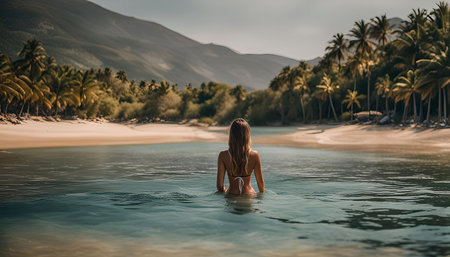 A woman is standing in the crystal clear water of a tropical lagoon, with palm trees and a sandy beach in the background.の写真素材