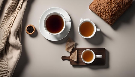 A still life photo showcasing a cup of tea, teabag, and a cozy blanket. This setup evokes a sense of relaxation and warmth, perfect for a peaceful moment.の写真素材