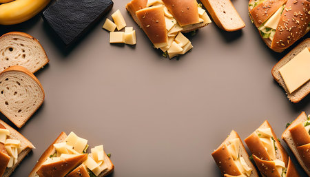 A collection of fresh sandwiches with cheese arranged on a brown background. The sandwiches are...