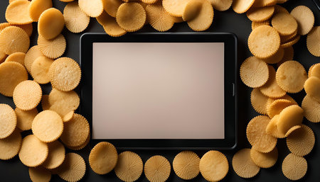 A tablet computer surrounded by crackers in a flat lay composition. The crackers are arranged in a circular pattern around the tablet.の写真素材