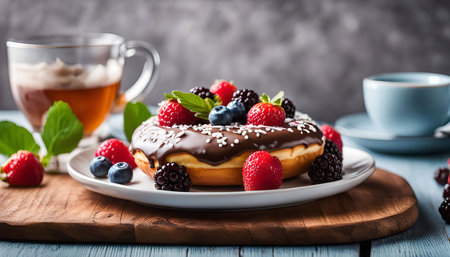 A chocolate donut topped with fresh berries and a sprinkle of sugar on a wooden board.の写真素材