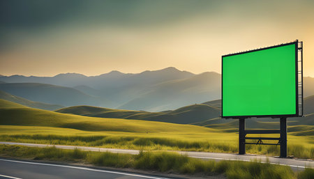 A green screen billboard stands tall against a picturesque backdrop of rolling hills and a vast green field. The sky is a gradient of blue and yellow, with the sun setting on the horizon. This image is a perfect blank canvas for your marketing needs.の写真素材