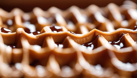 A close-up shot of a freshly made waffle topped with chocolate syrup, showing its intricately grid pattern and tempting, gooey texture.の写真素材