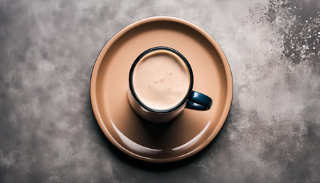 Overhead shot of a coffee mug on a saucer with a creamy latte