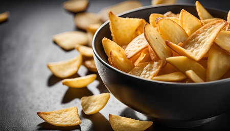 A close-up shot of a bowl filled with golden brown potato wedges, with a few scattered wedges on a black surfaceの写真素材