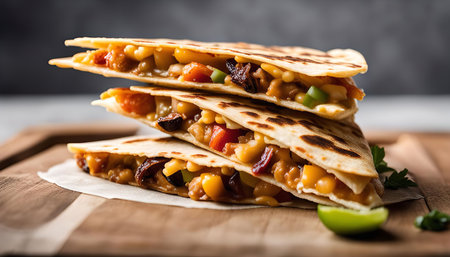 Three crispy quesadillas stacked on top of each other, filled with a mixture of cheese, corn and...