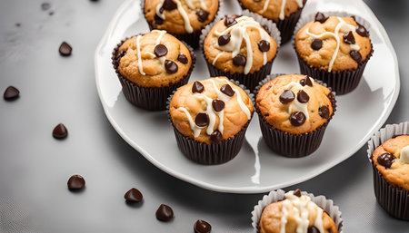 Close-up shot of chocolate chip muffins with a white drizzle on top. The muffins are arranged on a white plate with scattered chocolate chips around themの写真素材
