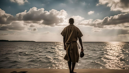 A lone man stands on a beach, gazing out at the vast expansion of the ocean. The sun is setting, casting a golden glow over the water and clouds. The image evokes a sense of peace and tranquility.の写真素材
