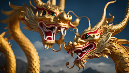 Two golden dragon statues with intricate details, showcasing a powerful and mythical creature from Chinese culture.の写真素材