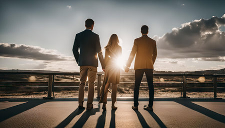 Three people, a man and a woman holding hands with another man behind them, stand on a platform...