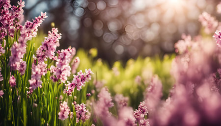 Close-up photo of pink flowers in a meadow during a sunny dayの写真素材
