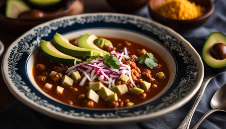 A bowl of spicy Mexican soup with avocado, red onion, and cilantro. The soup is rich and flavorful, perfect for a cold winter day.の写真素材