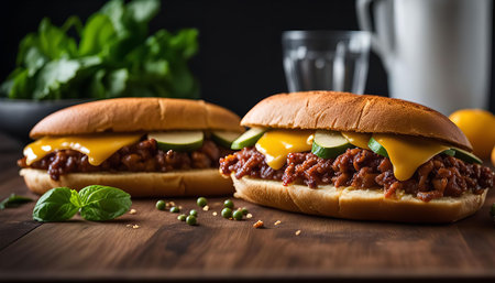 Closeup of two delicious sloppy joe sandwiches with melted cheese, cucumbers, and basil on a wooden table.の写真素材