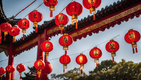 A string of red Chinese lanterns hangs in front of a traditional temple, celebrating the New Year.の写真素材