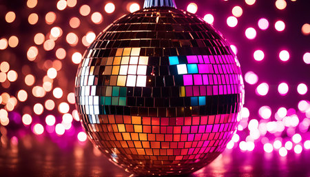 A close-up shot of a disco ball in front of a blurry background of pink lights. The disco ball is...