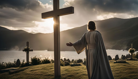 A man stands before a large cross, arms outstretched in prayer, as the sun sets behind a mountain...