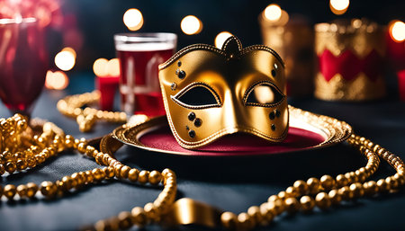 A close-up image of a golden Venetian mask resting on a red and gold plate, adorned with beads and glassware, evoking an air of mystery and elegance.の写真素材
