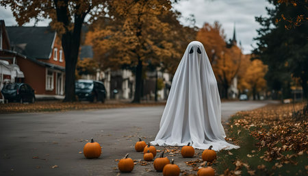 A ghostly figure stands on a street lined with trees in the fall. Pumpkins are scattered on the ground around the ghost.の写真素材