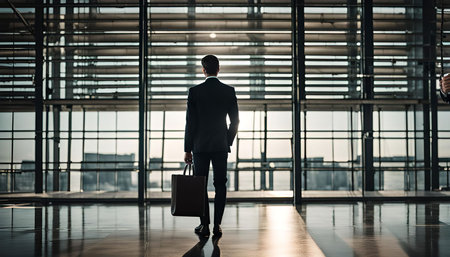 A businessman in a suit stands looking through a window in a modern office building.の写真素材