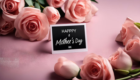 A close-up image of pink roses arranged around a card with the message 'Happy Mother's Day'. The...