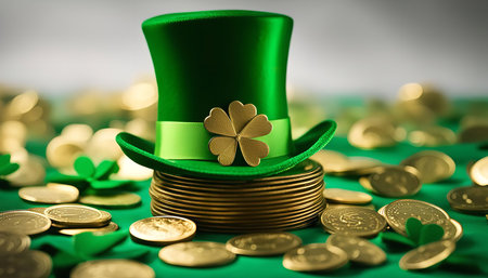 A classic green leprechaun hat sits on a pile of gold coins, symbolizing Irish luck and fortune.の写真素材