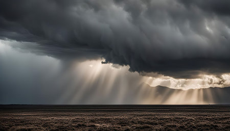 Dramatic landscape with dark stormy clouds and sunbeams shining through.