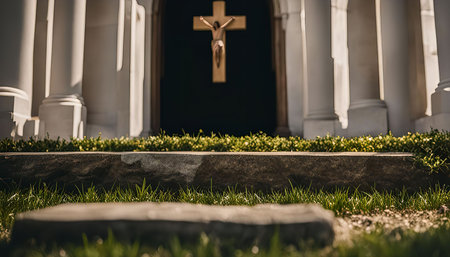 A close-up view of the steps leading up to a church with a cross visible in the background.