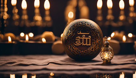 A close-up image of a golden ornate decorative object with candles in the background, highlighting its rich details and warm glow.の写真素材