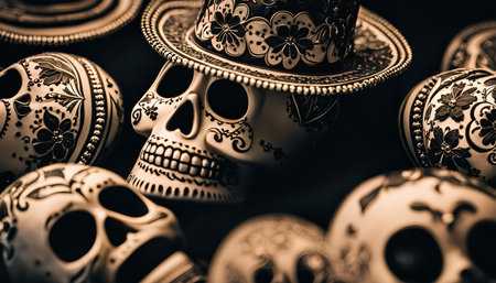 Close up shot of a decorated sugar skull wearing a hat. Sugar skulls are a traditional Mexican...