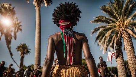 A man with dreadlocks is standing with his back to the camera wearing a bandana and an american...