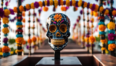A close-up shot of a beautifully decorated skull, a common symbol of the Day of the Dead celebration.の写真素材
