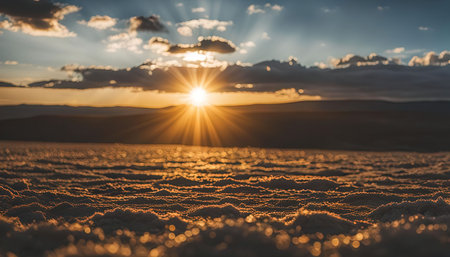 A breathtaking view of the sunset over the salt flats, showcasing the golden hour, a serene sky, and...