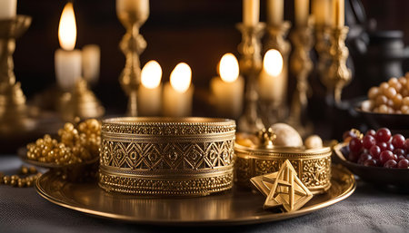 A close-up of a table with ornate gold-colored boxes, candlesticks, and jewelry. The gold decor is...