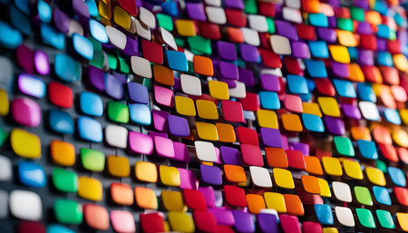 A close-up of a colorful wall with many small tiles, each a different color, arranged in a geometric...