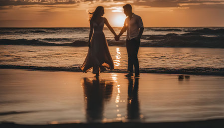 Young couple on the beach at sunset. Couple holding handsの写真素材
