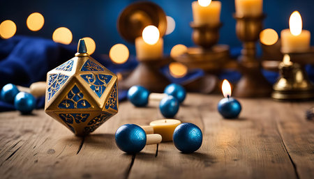 A golden, intricately patterned object sits in the center of the image, surrounded by blue candles and golden candleholders. A soft glow emanates from the candles, casting warm light onto the object and table.の写真素材