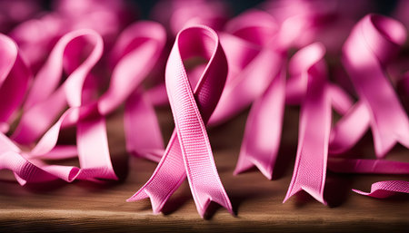 A close-up shot of pink ribbons, a symbol of breast cancer awareness. The ribbons are arranged on a wooden surface, highlighting the message of support and hope for those affected by the disease.の写真素材
