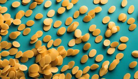 A close-up image of scattered yellow snacks on a turquoise background, forming a captivating...