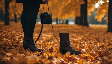 A close-up of boots and a camera on a bed of fallen leaves during autumnの写真素材